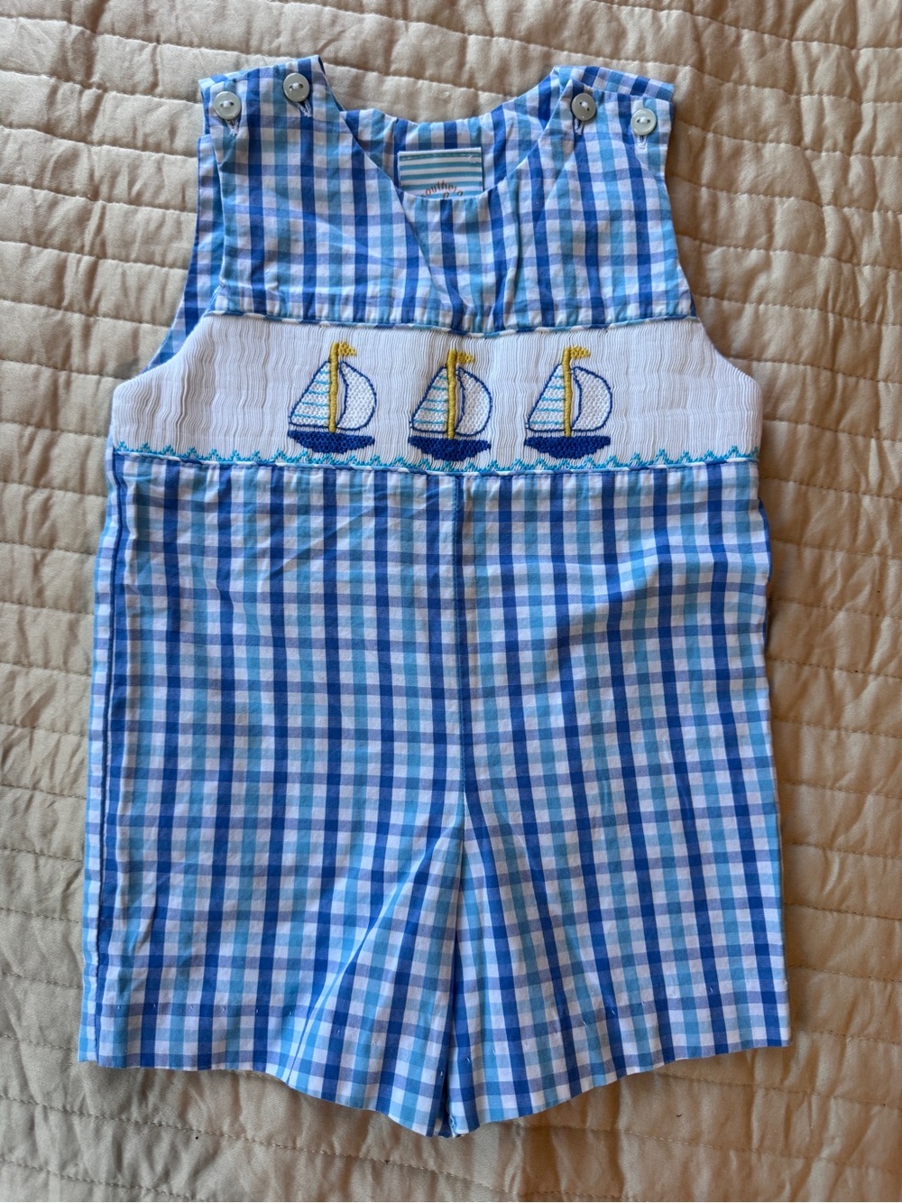 Blue Gingham Sailboat Smocked Baby Romper Size 6m EUC